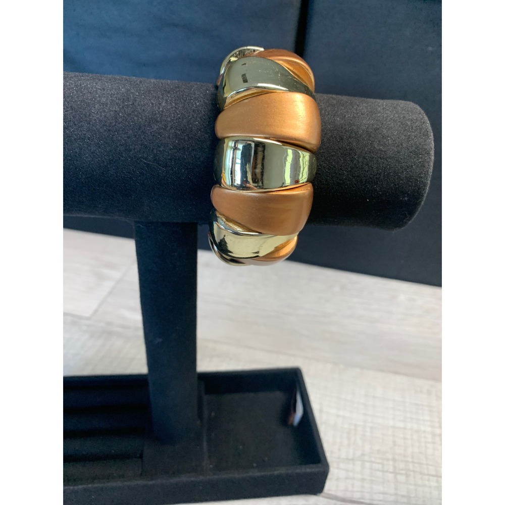 Gold and Copper Tone Chunky Stretch Bracelet Wide Statement Curved Link